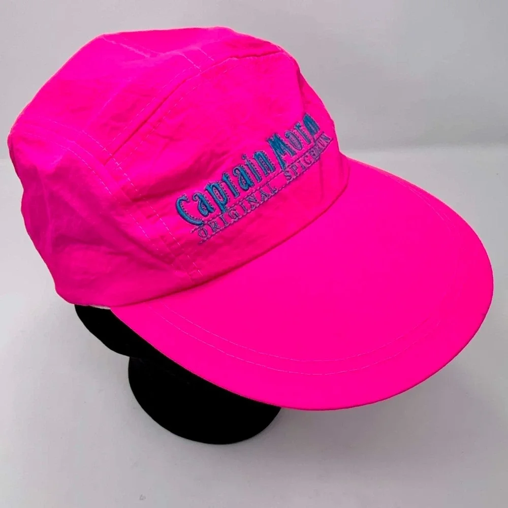 VTG Captain Morgan Neon Pink Spellout Camp Hat 80s 90s Nylon Taiwan OFSA Retro